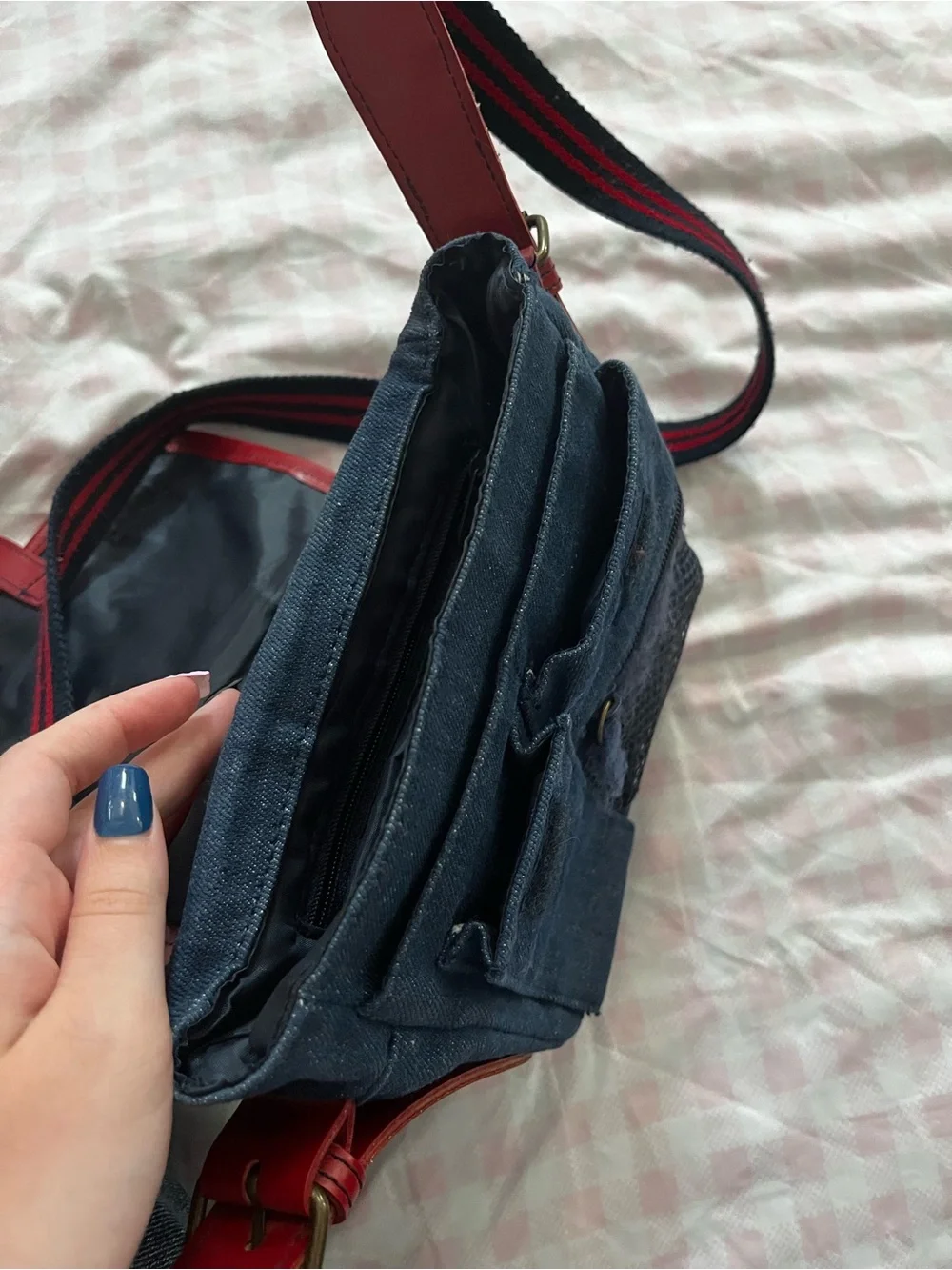 Navy Denim and Red Crossbody Bag